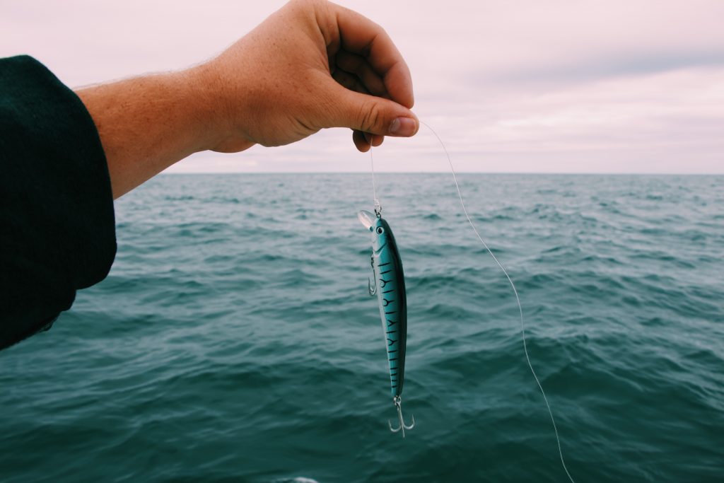 Hand holding up a fishing bait in front of a scene of open waters.