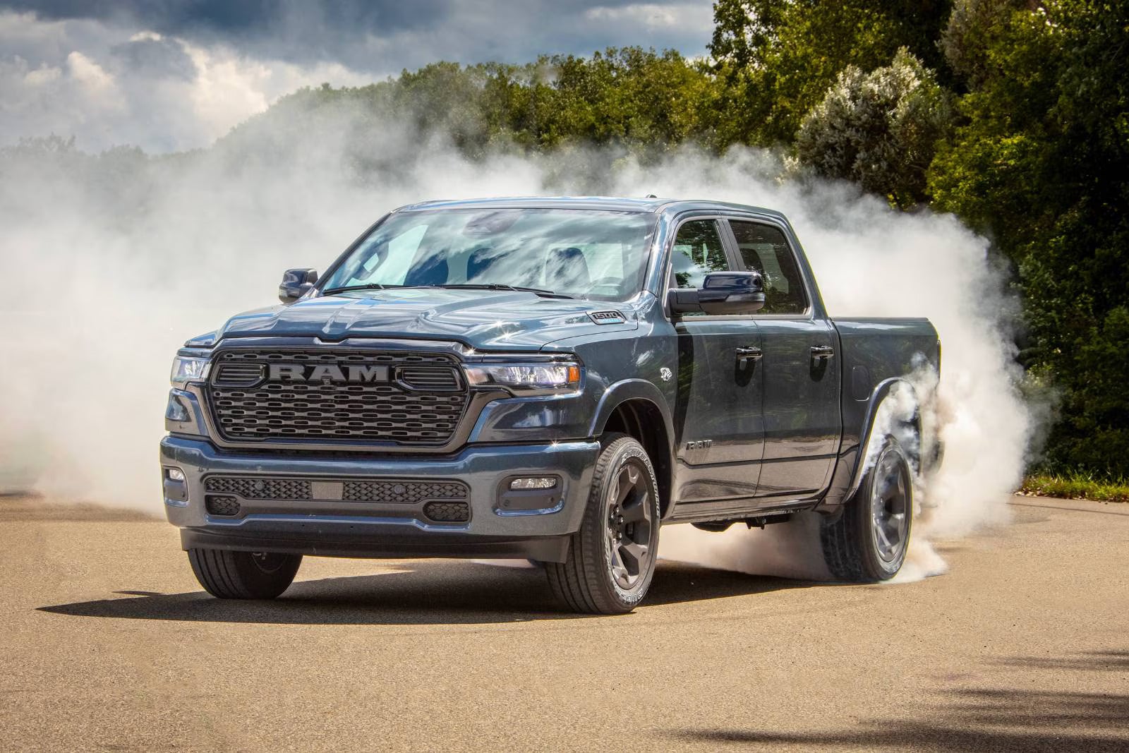 A green truck burning out.